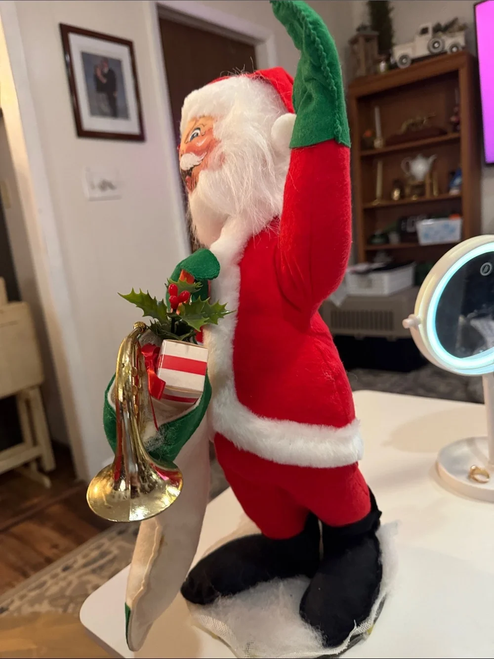 Annalee Red Santa Doll with Blue-Striped Apron and Green Toy Train